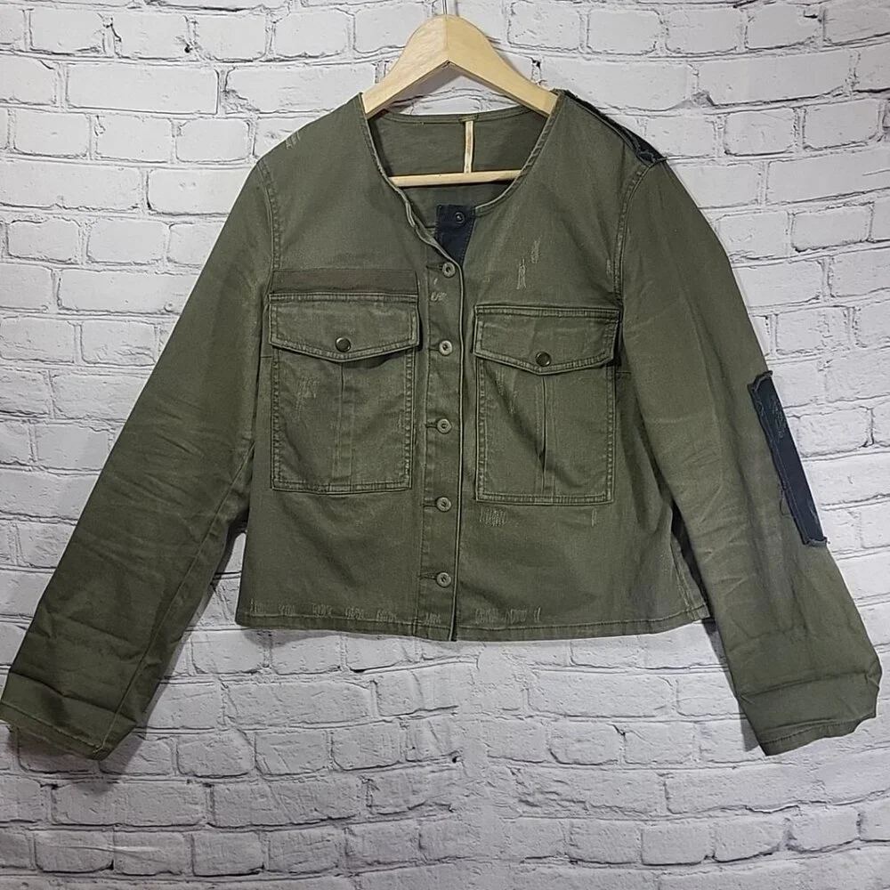 Free People - Lou Cropped Jacket Military Army Green Distressed Women's - Size M